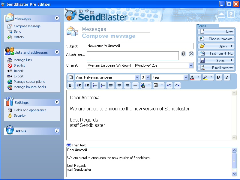 SENDBLASTER. SENDBLASTER Pro Edition for sale. Sandblaster. Message component